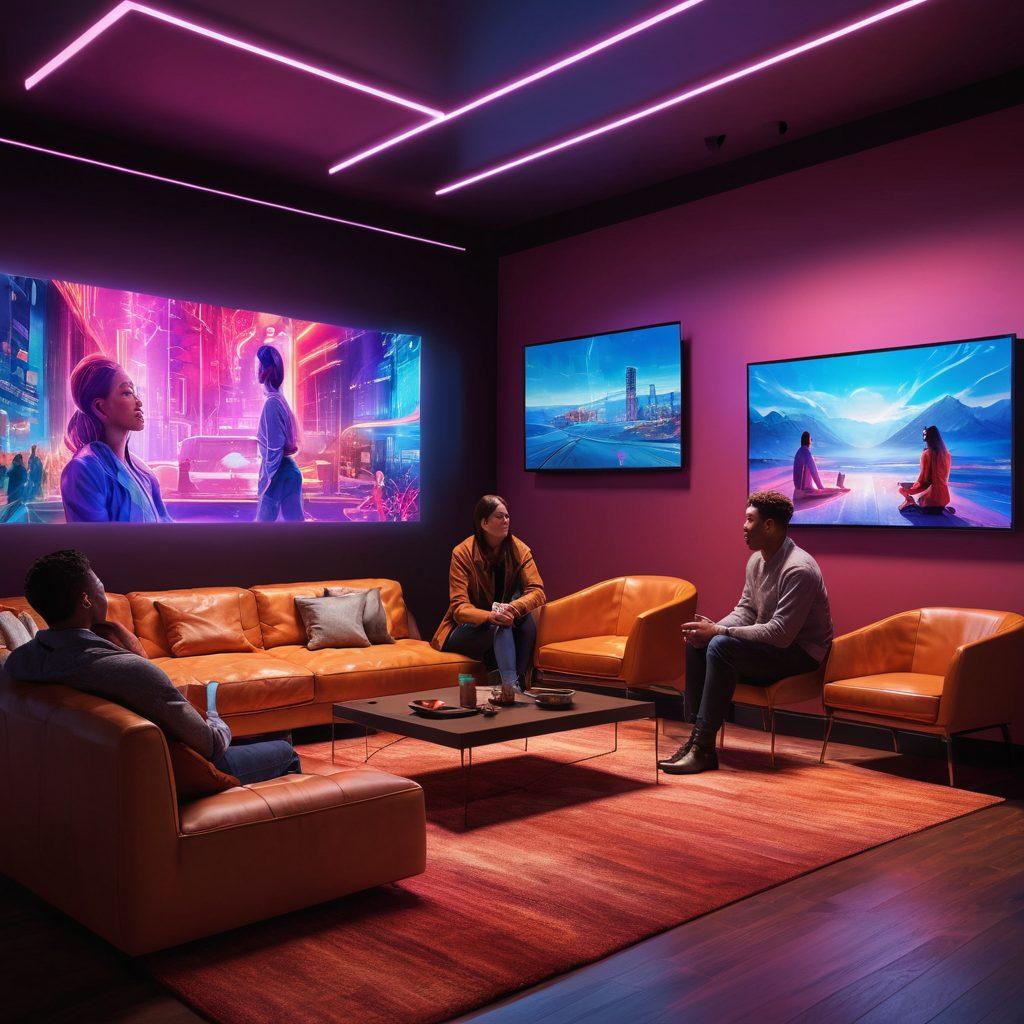 A vibrant and engaging scene depicting diverse individuals connected through holographic screens in a cozy, modern environment, highlighting passionate interactions and connections. The atmosphere is infused with rich colors, suggesting excitement and intimacy, with subtle elements of technology interwoven. Include representations of various adult entertainment mediums, like streaming and gaming, that blend seamlessly into the connections. The background features a stylish, contemporary lounge setting, creating a warm and inviting vibe. super-realistic. vibrant colors. 3D.