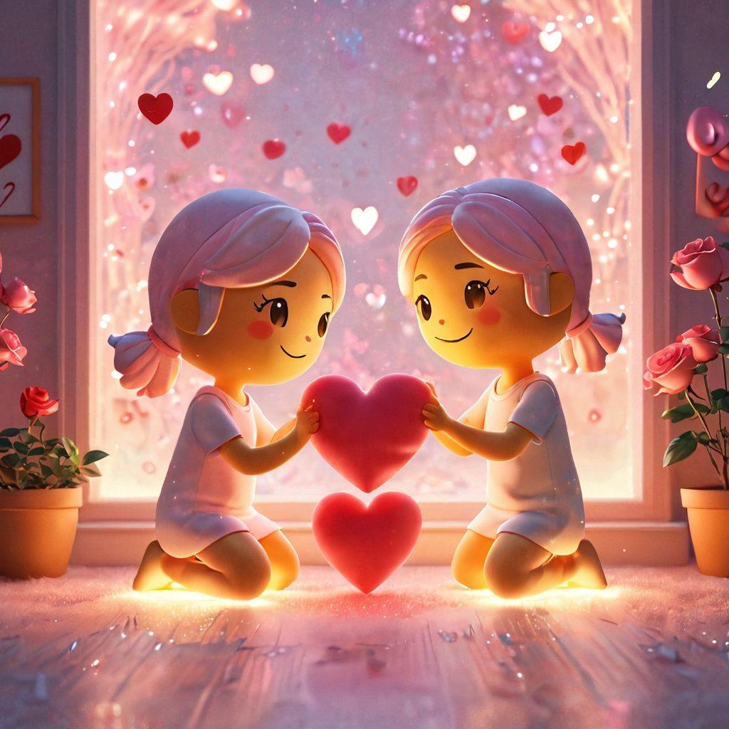 A cozy, inviting virtual space where two avatars flirt and connect through heart-shaped emojis and glowing messages, surrounded by a warm glow of digital affection. The scene includes soft pastel colors, symbolic elements of love like roses and sparkling hearts around the avatars, creating a sense of intimacy. Super-realistic. Warm colors. 3D.