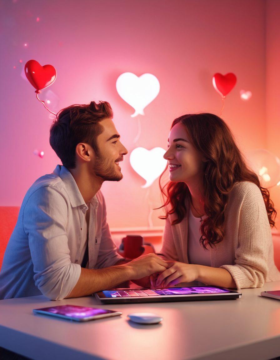 A vibrant scene of two people engaging in a live chat on their webcams, showcasing expressions of joy and connection. Include elements like hearts and chat bubbles floating around to symbolize passion and communication. Dimly lit room setting with soft lighting to create an intimate vibe. Overlay elements of technology and digital hearts for a modern touch. super-realistic. vibrant colors. 3D.